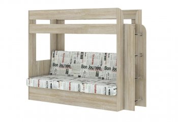 Кровать 2-х ярусная с диваном Карамель 75 сонома/газета в Арамиле - aramil.mebel-e96.ru