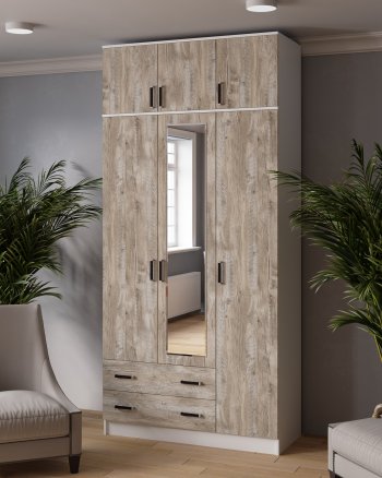 Шкаф Лагуна с антресолью с зеркалом дуб юкон (Текс) в Арамиле - aramil.mebel-e96.ru