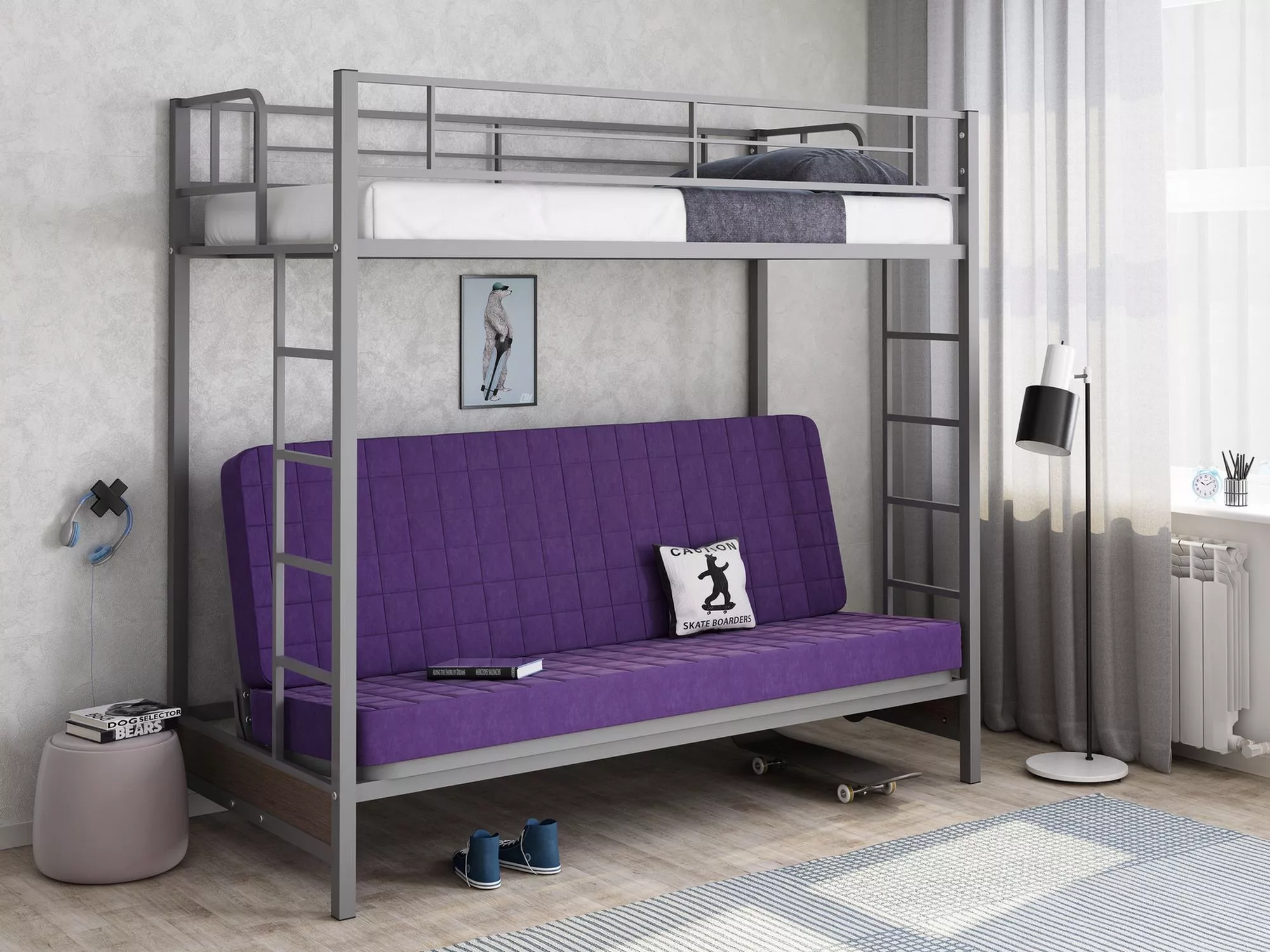 Кровать двухъярусная с диваном Мадлен (велюр) (ФМ) в Арамиле - aramil.mebel-e96.ru